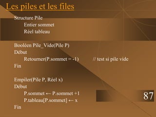 Structure Pile
Entier sommet
Réel tableau
Booléen Pile_Vide(Pile P)
Début
Retourner(P.sommet = -1) // test si pile vide
Fin
Empiler(Pile P, Réel x)
Début
P.sommet ← P.sommet +1
P.tableau[P.sommet] ← x
Fin
Les piles et les files
87
 