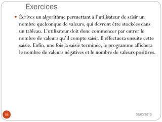 Exercices
02/03/2015
55
 Écrivez un algorithme permettant à l’utilisateur de saisir un
nombre quelconque de valeurs, qui devront être stockées dans
un tableau. L’utilisateur doit donc commencer par entrer le
nombre de valeurs qu’il compte saisir. Il effectuera ensuite cette
saisie. Enfin, une fois la saisie terminée, le programme affichera
le nombre de valeurs négatives et le nombre de valeurs positives.
 