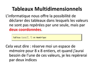 Tableaux Multidimensionnels
L’informatique nous offre la possibilité de
déclarer des tableaux dans lesquels les valeurs
ne sont pas repérées par une seule, mais par
deux coordonnées.
Cela veut dire : réserve moi un espace de
mémoire pour 8 x 8 entiers, et quand j’aurai
besoin de l’une de ces valeurs, je les repèrerai
par deux indices
 