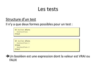 Les tests
Structure d’un test
Il n’y a que deux formes possibles pour un test :
Un booléen est une expression dont la valeur est VRAI ou
FAUX
 