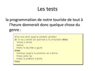 Les tests
la programmation de notre touriste de tout à
l’heure donnerait donc quelque chose du
genre :
 