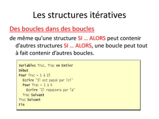 Les structures itératives
Des boucles dans des boucles
de même qu’une structure SI … ALORS peut contenir
d’autres structures SI … ALORS, une boucle peut tout
à fait contenir d’autres boucles.
 