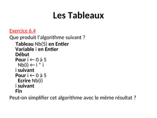 Les Tableaux
Exercice 6.4
Que produit l’algorithme suivant ?
Tableau Nb(5) en Entier
Variable i en Entier
Début
Pour i ← 0 à 5
Nb(i) ← i * i
i suivant
Pour i ← 0 à 5
Ecrire Nb(i)
i suivant
Fin
Peut-on simplifier cet algorithme avec le même résultat ?
 