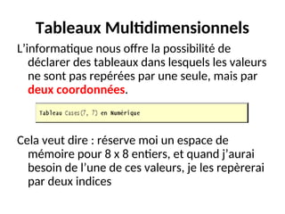 Tableaux Multidimensionnels
L’informatique nous offre la possibilité de
déclarer des tableaux dans lesquels les valeurs
ne sont pas repérées par une seule, mais par
deux coordonnées.
Cela veut dire : réserve moi un espace de
mémoire pour 8 x 8 entiers, et quand j’aurai
besoin de l’une de ces valeurs, je les repèrerai
par deux indices
 
