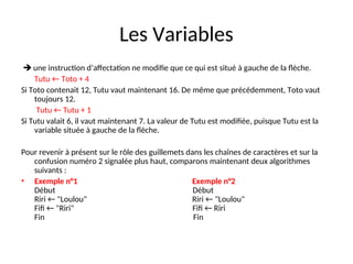 Les Variables
 une instruction d’affectation ne modifie que ce qui est situé à gauche de la flèche.
Tutu ← Toto + 4
Si Toto contenait 12, Tutu vaut maintenant 16. De même que précédemment, Toto vaut
toujours 12.
Tutu ← Tutu + 1
Si Tutu valait 6, il vaut maintenant 7. La valeur de Tutu est modifiée, puisque Tutu est la
variable située à gauche de la flèche.
Pour revenir à présent sur le rôle des guillemets dans les chaînes de caractères et sur la
confusion numéro 2 signalée plus haut, comparons maintenant deux algorithmes
suivants :
• Exemple n°1 Exemple n°2
Début Début
Riri ← "Loulou" Riri ← "Loulou"
Fifi ← "Riri" Fifi ← Riri
Fin Fin
 