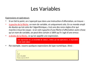 Les Variables
Expressions et opérateurs
• Si on fait le point, on s’aperçoit que dans une instruction d’affectation, on trouve :
• à gauche de la flèche, un nom de variable, et uniquement cela. En ce monde empli
de doutes qu’est celui de l’algorithmique, c’est une des rares règles d’or qui
marche à tous les coups : si on voit à gauche d’une flèche d’affectation autre chose
qu’un nom de variable, on peut être certain à 100% qu’il s’agit d’une erreur.
• à droite de la flèche, ce qu’on appelle une expression.
• Par exemple, voyons quelques expressions de type numérique. Ainsi :
 