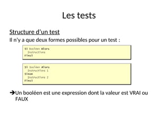 Les tests
Structure d’un test
Il n’y a que deux formes possibles pour un test :
Un booléen est une expression dont la valeur est VRAI ou
FAUX
 