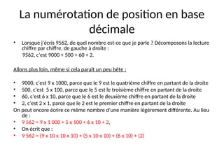 La numérotation de position en base
décimale
• Lorsque j’écris 9562, de quel nombre est-ce que je parle ? Décomposons la lecture
chiffre par chiffre, de gauche à droite :
9562, c’est 9000 + 500 + 60 + 2.
Allons plus loin, même si cela paraît un peu bête :
• 9000, c’est 9 x 1000, parce que le 9 est le quatrième chiffre en partant de la droite
• 500, c’est 5 x 100, parce que le 5 est le troisième chiffre en partant de la droite
• 60, c’est 6 x 10, parce que le 6 est le deuxième chiffre en partant de la droite
• 2, c’est 2 x 1, parce que le 2 est le premier chiffre en partant de la droite
On peut encore écrire ce même nombre d’une manière légèrement différente. Au lieu
de :
• 9 562 = 9 x 1 000 + 5 x 100 + 6 x 10 + 2,
• On écrit que :
• 9 562 = (9 x 10 x 10 x 10) + (5 x 10 x 10) + (6 x 10) + (2)
 