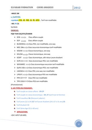 ELFARABI FORMATION COURS AMADEUS 2012
37
>MLEE 1M
c. Tariff PEX:
>symbole: PEX, AP, PRO, SX, PR, APEX …Tarif non modifiabl...