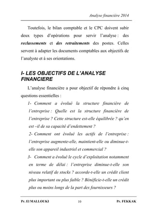Analyse financière 2014
Pr. El MALLOUKI Pr. FEKKAK10
Toutefois, le bilan comptable et le CPC doivent subir
deux types d’opérations pour servir l’analyse : des
reclassements et des retraitements des postes. Celles
servent à adapter les documents comptables aux objectifs de
l’analyste et à ses orientations.
I- LES OBJECTIFS DE L’ANALYSE
FINANCIERE
L’analyse financière a pour objectif de répondre à cinq
questions essentielles :
1- Comment a évolué la structure financière de
l’entreprise : Quelle est la structure financière de
l’entreprise ? Cette structure est-elle équilibrée ? qu’en
est –il de sa capacité d’endettement ?
2- Comment ont évolué les actifs de l’entreprise :
l’entreprise augmente-elle, maintient-elle ou diminue-t-
elle son appareil industriel et commercial ?
3- Comment a évolué le cycle d’exploitation notamment
en terme de délai : l’entreprise diminue-t-elle son
niveau relatif de stocks ? accorde-t-elle un crédit client
plus important ou plus faible ? Bénéficie-t-elle un crédit
plus ou moins longs de la part des fournisseurs ?
 