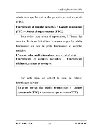 Analyse financière 2014
Pr. El MALLOUKI Pr. FEKKAK113
achats ainsi que les autres charges externes sont exprimés
(TTC).
Fournisseurs et comptes rattachés / (Achats consommés
(TTC) + Autres charges externes (TTC))
Pour éviter toute erreur d’appréciation, à l’instar des
comptes clients, on doit utiliser l’en-cours moyen des crédits
fournisseurs au lieu du poste fournisseurs et comptes
rattachés.
L’en-cours des crédits fournisseurs est exprimé ainsi :
Fournisseurs et comptes rattachés – Fournisseurs
débiteurs, avances et acomptes.
Sur cette base, on obtient le ratio de rotation
fournisseurs suivant :
En-cours moyen des crédits fournisseurs / Achats
consommés (TTC) + Autres charges externes (TTC)
 