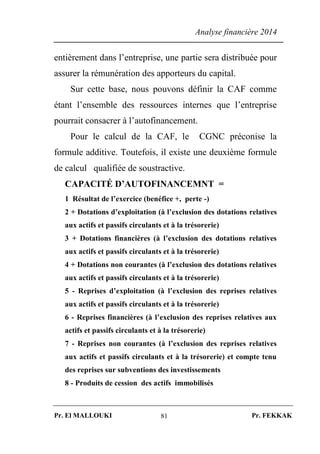 Analyse financière 2014
Pr. El MALLOUKI Pr. FEKKAK81
entièrement dans l’entreprise, une partie sera distribuée pour
assurer la rémunération des apporteurs du capital.
Sur cette base, nous pouvons définir la CAF comme
étant l’ensemble des ressources internes que l’entreprise
pourrait consacrer à l’autofinancement.
Pour le calcul de la CAF, le CGNC préconise la
formule additive. Toutefois, il existe une deuxième formule
de calcul qualifiée de soustractive.
CAPACITÉ D’AUTOFINANCEMNT =
1 Résultat de l’exercice (benéfice +, perte -)
2 + Dotations d’exploitation (à l’exclusion des dotations relatives
aux actifs et passifs circulants et à la trésorerie)
3 + Dotations financières (à l’exclusion des dotations relatives
aux actifs et passifs circulants et à la trésorerie)
4 + Dotations non courantes (à l’exclusion des dotations relatives
aux actifs et passifs circulants et à la trésorerie)
5 - Reprises d’exploitation (à l’exclusion des reprises relatives
aux actifs et passifs circulants et à la trésorerie)
6 - Reprises financières (à l’exclusion des reprises relatives aux
actifs et passifs circulants et à la trésorerie)
7 - Reprises non courantes (à l’exclusion des reprises relatives
aux actifs et passifs circulants et à la trésorerie) et compte tenu
des reprises sur subventions des investissements
8 - Produits de cession des actifs immobilisés
 