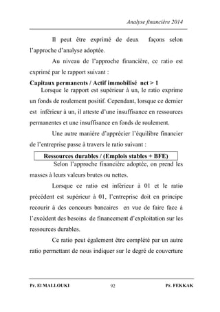 Analyse financière 2014
Pr. El MALLOUKI Pr. FEKKAK92
Il peut être exprimé de deux façons selon
l’approche d’analyse adoptée.
Au niveau de l’approche financière, ce ratio est
exprimé par le rapport suivant :
Capitaux permanents / Actif immobilisé net > 1
Lorsque le rapport est supérieur à un, le ratio exprime
un fonds de roulement positif. Cependant, lorsque ce dernier
est inférieur à un, il atteste d’une insuffisance en ressources
permanentes et une insuffisance en fonds de roulement.
Une autre manière d’apprécier l’équilibre financier
de l’entreprise passe à travers le ratio suivant :
Ressources durables / (Emplois stables + BFE)
Selon l’approche financière adoptée, on prend les
masses à leurs valeurs brutes ou nettes.
Lorsque ce ratio est inférieur à 01 et le ratio
précédent est supérieur à 01, l’entreprise doit en principe
recourir à des concours bancaires en vue de faire face à
l’excédent des besoins de financement d’exploitation sur les
ressources durables.
Ce ratio peut également être complété par un autre
ratio permettant de nous indiquer sur le degré de couverture
 