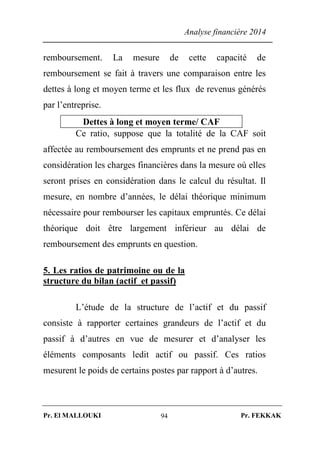 Analyse financière 2014
Pr. El MALLOUKI Pr. FEKKAK94
remboursement. La mesure de cette capacité de
remboursement se fait à travers une comparaison entre les
dettes à long et moyen terme et les flux de revenus générés
par l’entreprise.
Dettes à long et moyen terme/ CAF
Ce ratio, suppose que la totalité de la CAF soit
affectée au remboursement des emprunts et ne prend pas en
considération les charges financières dans la mesure où elles
seront prises en considération dans le calcul du résultat. Il
mesure, en nombre d’années, le délai théorique minimum
nécessaire pour rembourser les capitaux empruntés. Ce délai
théorique doit être largement inférieur au délai de
remboursement des emprunts en question.
5. Les ratios de patrimoine ou de la
structure du bilan (actif et passif)
L’étude de la structure de l’actif et du passif
consiste à rapporter certaines grandeurs de l’actif et du
passif à d’autres en vue de mesurer et d’analyser les
éléments composants ledit actif ou passif. Ces ratios
mesurent le poids de certains postes par rapport à d’autres.
 