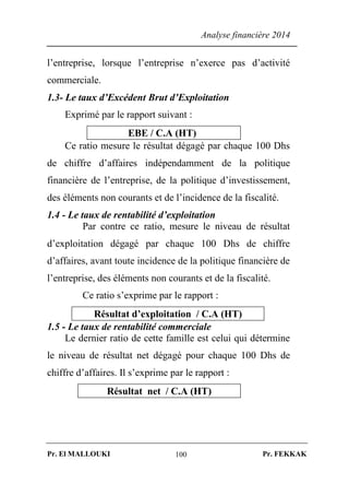 Analyse financière 2014
Pr. El MALLOUKI Pr. FEKKAK100
l’entreprise, lorsque l’entreprise n’exerce pas d’activité
commerciale.
1.3- Le taux d’Excédent Brut d’Exploitation
Exprimé par le rapport suivant :
EBE / C.A (HT)
Ce ratio mesure le résultat dégagé par chaque 100 Dhs
de chiffre d’affaires indépendamment de la politique
financière de l’entreprise, de la politique d’investissement,
des éléments non courants et de l’incidence de la fiscalité.
1.4 - Le taux de rentabilité d’exploitation
Par contre ce ratio, mesure le niveau de résultat
d’exploitation dégagé par chaque 100 Dhs de chiffre
d’affaires, avant toute incidence de la politique financière de
l’entreprise, des éléments non courants et de la fiscalité.
Ce ratio s’exprime par le rapport :
Résultat d’exploitation / C.A (HT)
1.5 - Le taux de rentabilité commerciale
Le dernier ratio de cette famille est celui qui détermine
le niveau de résultat net dégagé pour chaque 100 Dhs de
chiffre d’affaires. Il s’exprime par le rapport :
Résultat net / C.A (HT)
 