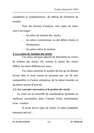 Analyse financière 2014
Pr. El MALLOUKI Pr. FEKKAK104
complètent la compréhension du tableau de formation du
résultat.
Pour des besoins d’analyse, trois types de ratios
sont à envisager :
- les ratios de rotation des stocks,
- les ratios commerciaux ou des délais clients et
fournisseurs,
- les autres ratios de rotation.
1. Les ratios de rotation des stocks
Ces ratios ont pour objectif de déterminer la vitesse
de rotation des stocks. Or, comme la nature des stocks
diffère, les ratios diffèrent eux aussi.
Ces ratios montrent le nombre de fois qu’un dirham
investi dans le stock tourne en moyenne par an. Ils sont
comparables à d’autres entreprises de la même branche ou
du même secteur d’activité.
1.1- Les concepts nécessaires à la gestion des stocks
Le stock est un ensemble de marchandises (produits ou
matières) accumulées dans l’attente d’être transformées
et/ou vendues.
Il existe divers types de stocks. Le plan comptable
marocain prévoit :
 