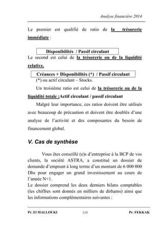 Analyse financière 2014
Pr. El MALLOUKI Pr. FEKKAK115
Le premier est qualifié de ratio de la trésorerie
immédiate :
Disponibilités / Passif circulant
Le second est celui de la trésorerie ou de la liquidité
relative.
Créances + Disponibilités (*) / Passif circulant
(*) ou actif circulant – Stocks.
Un troisième ratio est celui de la trésorerie ou de la
liquidité totale :Actif circulant / passif circulant
Malgré leur importance, ces ratios doivent être utilisés
avec beaucoup de précaution et doivent être doublés d’une
analyse de l’activité et des composantes du besoin de
financement global.
V. Cas de synthèse
Vous êtes conseillé (e)s d’entreprise à la BCP de vos
clients, la société ASTRA, a constitué un dossier de
demande d’emprunt à long terme d’un montant de 6 000 000
Dhs pour engager un grand investissement au cours de
l’année N+1.
Le dossier comprend les deux derniers bilans comptables
(les chiffres sont donnés en milliers de dirhams) ainsi que
les informations complémentaires suivantes :
 