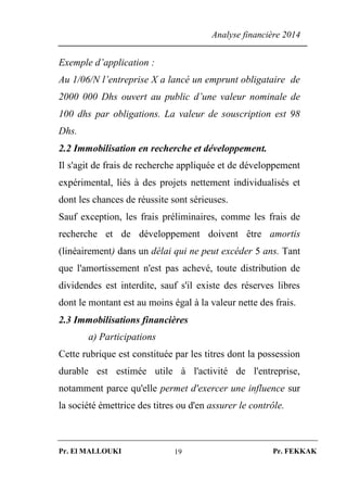 Analyse financière 2014
Pr. El MALLOUKI Pr. FEKKAK19
Exemple d’application :
Au 1/06/N l’entreprise X a lancé un emprunt obligataire de
2000 000 Dhs ouvert au public d’une valeur nominale de
100 dhs par obligations. La valeur de souscription est 98
Dhs.
2.2 Immobilisation en recherche et développement.
Il s'agit de frais de recherche appliquée et de développement
expérimental, liés à des projets nettement individualisés et
dont les chances de réussite sont sérieuses.
Sauf exception, les frais préliminaires, comme les frais de
recherche et de développement doivent être amortis
(linéairement) dans un délai qui ne peut excéder 5 ans. Tant
que l'amortissement n'est pas achevé, toute distribution de
dividendes est interdite, sauf s'il existe des réserves libres
dont le montant est au moins égal à la valeur nette des frais.
2.3 Immobilisations financières
a) Participations
Cette rubrique est constituée par les titres dont la possession
durable est estimée utile à l'activité de l'entreprise,
notamment parce qu'elle permet d'exercer une influence sur
la société émettrice des titres ou d'en assurer le contrôle.
 