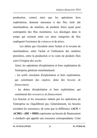 Analyse financière 2014
Pr. El MALLOUKI Pr. FEKKAK30
production, ventes) ainsi que les opérations hors
exploitation, donnent naissance à des flux réels (de
marchandises, de matières, de produits finis) ayant pour
contrepartie des flux monétaires. Les décalages dans le
temps qui existent entre ces deux catégories de flux
expliquent l'existence de créances et de dettes.
Les délais qui s'écoulent entre l'achat et la revente de
marchandises, entre l'achat et l'utilisation des matières
premières, entre la production et la vente de produits finis
sont à l'origine des stocks.
Ainsi, les opérations d'exploitation et hors exploitation de
l'entreprise génèrent simultanément:
- les actifs circulants d'exploitation et hors exploitation,
qui constituent des emplois, donc des besoins de
financement;
- les dettes d'exploitation et hors exploitation, qui
constituent des ressources de financement.
Les besoins et les ressources induits par les opérations de
l'entreprise ne s'équilibrent pas. Généralement, les besoins
excèdent les ressources, de sorte que la différence: (ACE +
ACHE) - (DE + DHE) représente un besoin de financement
« résiduel» qui appelle une ressource correspondante. Cette
 