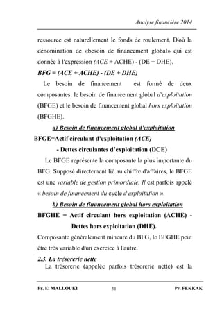 Analyse financière 2014
Pr. El MALLOUKI Pr. FEKKAK31
ressource est naturellement le fonds de roulement. D'où la
dénomination de «besoin de financement global» qui est
donnée à l'expression (ACE + ACHE) - (DE + DHE).
BFG = (ACE + ACHE) - (DE + DHE)
Le besoin de financement est formé de deux
composantes: le besoin de financement global d'exploitation
(BFGE) et le besoin de financement global hors exploitation
(BFGHE).
a) Besoin de financement global d'exploitation
BFGE=Actif circulant d'exploitation (ACE)
- Dettes circulantes d’exploitation (DCE)
Le BFGE représente la composante la plus importante du
BFG. Supposé directement lié au chiffre d'affaires, le BFGE
est une variable de gestion primordiale. Il est parfois appelé
« besoin de financement du cycle d'exploitation ».
b) Besoin de financement global hors exploitation
BFGHE = Actif circulant hors exploitation (ACHE) -
Dettes hors exploitation (DHE).
Composante généralement mineure du BFG, le BFGHE peut
être très variable d'un exercice à l'autre.
2.3. La trésorerie nette
La trésorerie (appelée parfois trésorerie nette) est la
 
