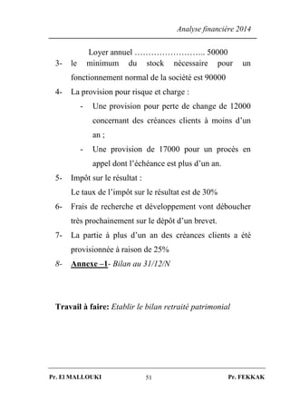 Analyse financière 2014
Pr. El MALLOUKI Pr. FEKKAK51
Loyer annuel …………………….. 50000
3- le minimum du stock nécessaire pour un
fonctionnement normal de la société est 90000
4- La provision pour risque et charge :
- Une provision pour perte de change de 12000
concernant des créances clients à moins d’un
an ;
- Une provision de 17000 pour un procès en
appel dont l’échéance est plus d’un an.
5- Impôt sur le résultat :
Le taux de l’impôt sur le résultat est de 30%
6- Frais de recherche et développement vont déboucher
très prochainement sur le dépôt d’un brevet.
7- La partie à plus d’un an des créances clients a été
provisionnée à raison de 25%
8- Annexe –1- Bilan au 31/12/N
Travail à faire: Etablir le bilan retraité patrimonial
 