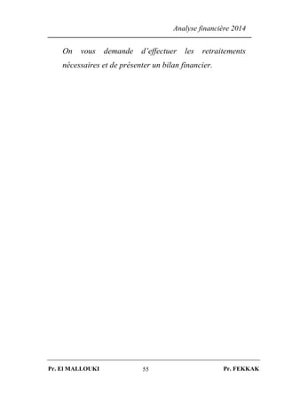 Analyse financière 2014
Pr. El MALLOUKI Pr. FEKKAK55
On vous demande d’effectuer les retraitements
nécessaires et de présenter un bilan financier.
 