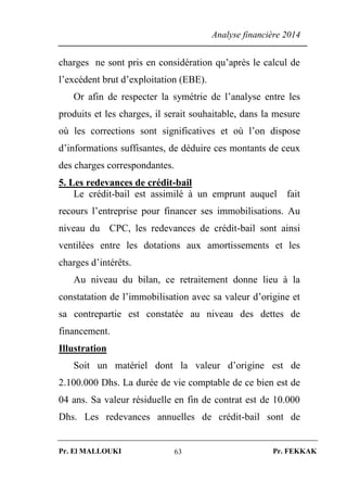 Analyse financière 2014
Pr. El MALLOUKI Pr. FEKKAK63
charges ne sont pris en considération qu’après le calcul de
l’excédent brut d’exploitation (EBE).
Or afin de respecter la symétrie de l’analyse entre les
produits et les charges, il serait souhaitable, dans la mesure
où les corrections sont significatives et où l’on dispose
d’informations suffisantes, de déduire ces montants de ceux
des charges correspondantes.
5. Les redevances de crédit-bail
Le crédit-bail est assimilé à un emprunt auquel fait
recours l’entreprise pour financer ses immobilisations. Au
niveau du CPC, les redevances de crédit-bail sont ainsi
ventilées entre les dotations aux amortissements et les
charges d’intérêts.
Au niveau du bilan, ce retraitement donne lieu à la
constatation de l’immobilisation avec sa valeur d’origine et
sa contrepartie est constatée au niveau des dettes de
financement.
Illustration
Soit un matériel dont la valeur d’origine est de
2.100.000 Dhs. La durée de vie comptable de ce bien est de
04 ans. Sa valeur résiduelle en fin de contrat est de 10.000
Dhs. Les redevances annuelles de crédit-bail sont de
 