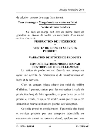 Analyse financière 2014
Pr. El MALLOUKI Pr. FEKKAK69
de calculer un taux de marge (hors taxes).
Taux de marge = Marge brute sur ventes en l’état
Ventes de marchandises
Ce taux de marge doit être du même ordre de
grandeur au niveau de toutes les entreprises d’un même
secteur d’activité.
PRODUCTION DE L’EXERCICE
=
VENTES DE BIENS ET SERVICES
PRODUITS
+
VARIATION DE STOCKS DE PRODUITS
+
IMMOBILISATIONS PRODUITES PAR
L’ENTREPRISE POUR ELLE-MEME
La notion de production est réservée aux entreprises
ayant une activité de fabrication et de transformation de
biens et de services.
C’est un concept mieux adapté que celui du chiffre
d’affaires. Il permet, surtout pour les entreprises à cycle de
production long de faire apparaître, en plus de ce qui a été
produit et vendu, ce qui a été stocké, ainsi que ce qui a été
immobilisé pour les utilisations propres de l’entreprise.
Ce solde prend en considération l’ensemble des biens
et services produits par une entreprise industrielle ou
commerciale durant un exercice donné, quelque soit leur
 