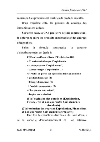 Analyse financière 2014
Pr. El MALLOUKI Pr. FEKKAK83
courantes. Ces produits sont qualifiés de produits calculés.
D’un troisième côté, les produits de cessions des
immobilisations cédées.
Sur cette base, la CAF peut être définie comme étant
la différence entre les produits encaissables et les charges
décaissables.
Selon la formule soustractive la capacité
d’autofinancement est égale à:
EBE ou Insuffisance Brute d’Exploitation IBE
+ Transferts de charges d’exploitation
+ Autres produits d’exploitation (2)
- Autres charges d’exploitation (1)
+/- Profits ou pertes sur opérations faites en commun
+ produits financiers (2)
- Charges financières (1)
+ Produits non courants (2)
- Charges non courantes (1)
- Impôts sur le résultat.
(1)à l’exclusion des dotations (Exploitation,
Financières et non courantes hors éléments
circulants)
(2)àl’exclusion des reprises Exploitation, Financières
et non courantes hors éléments circulants)
Une fois les bénéfices distribués, ils sont déduits
de la capacité d’autofinancement et on retrouve
 