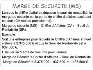 MARGE DE SECURITE (MS)
Lorsque le chiffre d’affaires dépasse le seuil de rentabilité, la
marge de sécurité est la partie de chiffre d’affaires excédant
ce seuil (CA réel ou prévisionnel).
Marge de sécurité (MS) = Chiffre d’Affaires (CA) – Seuil de
Rentabilité (SR).
Exemple
Soit une entreprise pour laquelle le Chiffre d’Affaires annuel
s’élève à 2.375.000 € et que le Seuil de Rentabilité est à
937.500 €.
Calculer sa Marge de Sécurité pour l’année
Marge de Sécurité = Chiffre d’Affaires – Seuil de Rentabilité
Marge de Sécurité = 2.375.000 – 937.500 = 1.437.500 €
 