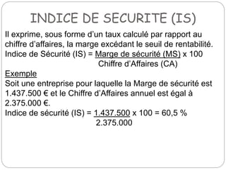 INDICE DE SECURITE (IS)
Il exprime, sous forme d’un taux calculé par rapport au
chiffre d’affaires, la marge excédant le seuil de rentabilité.
Indice de Sécurité (IS) = Marge de sécurité (MS) x 100
Chiffre d’Affaires (CA)
Exemple
Soit une entreprise pour laquelle la Marge de sécurité est
1.437.500 € et le Chiffre d’Affaires annuel est égal à
2.375.000 €.
Indice de sécurité (IS) = 1.437.500 x 100 = 60,5 %
2.375.000
 