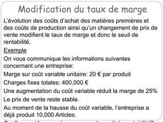Modification du taux de marge
L’évolution des coûts d’achat des matières premières et
des coûts de production ainsi qu’un changement de prix de
vente modifient le taux de marge et donc le seuil de
rentabilité.
Exemple
On vous communique les informations suivantes
concernant une entreprise:
Marge sur coût variable unitaire: 20 € par produit
Charges fixes totales: 400,000 €
Une augmentation du coût variable réduit la marge de 25%
Le prix de vente reste stable.
Au moment de la hausse du coût variable, l’entreprise a
déjà produit 10,000 Articles.
 