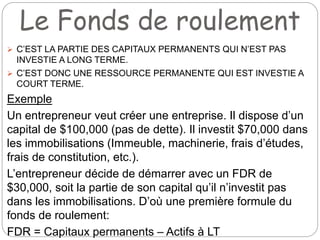 Le Fonds de roulement
 C’EST LA PARTIE DES CAPITAUX PERMANENTS QUI N’EST PAS
INVESTIE A LONG TERME.
 C’EST DONC UNE RESSOURCE PERMANENTE QUI EST INVESTIE A
COURT TERME.
Exemple
Un entrepreneur veut créer une entreprise. Il dispose d’un
capital de $100,000 (pas de dette). Il investit $70,000 dans
les immobilisations (Immeuble, machinerie, frais d’études,
frais de constitution, etc.).
L’entrepreneur décide de démarrer avec un FDR de
$30,000, soit la partie de son capital qu’il n’investit pas
dans les immobilisations. D’où une première formule du
fonds de roulement:
FDR = Capitaux permanents – Actifs à LT
 