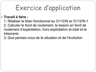 Exercice d’application
 Travail à faire :
1. Réaliser le bilan fonctionnel au 31/12/N et 31/12/N-1
2. Calculer le fond de roulement, le besoin en fond de
roulement d’exploitation, hors exploitation et total et la
trésorerie
3. Que pensez-vous de la situation et de l’évolution
 