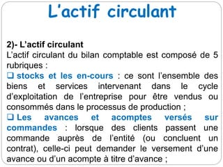 L’actif circulant
2)- L’actif circulant
L’actif circulant du bilan comptable est composé de 5
rubriques :
 stocks et les en-cours : ce sont l’ensemble des
biens et services intervenant dans le cycle
d’exploitation de l’entreprise pour être vendus ou
consommés dans le processus de production ;
 Les avances et acomptes versés sur
commandes : lorsque des clients passent une
commande auprès de l’entité (ou concluent un
contrat), celle-ci peut demander le versement d’une
avance ou d’un acompte à titre d’avance ;
 