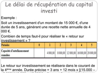 Le délai de récupération du capital
investi
Exemple :
Soit un investissement d'un montant de 15 000 €, d'une
durée de 5 ans, générant une recette nette annuelle de 4
000 €.
Combien de temps faut-il pour réaliser le « retour sur
investissement » ?
Le délai de récupération du capital investi
Le retour sur investissement se réalisera dans le courant de
la 4ème année. Durée précise = 3 ans + 12 mois x [(15.000 –
 