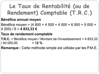 Le Taux de Rentabilité (ou de
Rendement) Comptable (T.R.C.)
Bénéfice annuel moyen
Bénéfice moyen = (4 800 + 4 500 + 4 000 + 6 500 + 5 000 +
4 200) / 6 = 4 833,33 €
Taux de rendement comptable
T.R.C. = Bénéfice moyen / Montant de l'investissement = 4 833,33
/ 40 000,00 = 12 %
Remarque : Cette méthode simple est utilisée par les P.M.E.
 