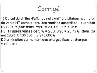 Corrigé
1) Calcul du chiffre d’affaires net : chiffre d’affaires net = prix
de vente HT compte tenu des remises accordées * quantités
PVTC = 29,90€ donc PVHT = 29,90/1,196 = 25 €
PV HT après remise de 5 % = 25 X 0,95 = 23,75 € donc CA
net 23,75 X 100 000 = 2.375.000 €
Détermination du montant des charges fixes et charges
variables :
 