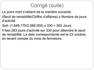 Corrigé (suite)
Le point mort s’obtient de la manière suivante:
(Seuil de rentabilité/Chiffre d’affaires) x Nombre de jours
d’activité
Soit: (1.649.175/2.066.000) x 330 = 263 Jours
Il faut 263 jours d’activité sur 330 pour atteindre le seuil
de rentabilité. La date correspondante est le 23 octobre,
en tenant compte du mois de fermeture.
 