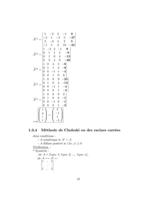 eA(1)
=
1 2 2 1 9
2 5 3 5 27
2 3 4 2 5
1 5 2 10 35
eA(2)
=
1 2 2 1 9
0 1 1 3 9
0 1 0 4 13
0 3 4 9 26
eA(3)
=
1 0 4 5 9
0 1 1 3 9
0 0 1 1 4
0 0 1 0 1
eA(4)
=
1 0 0 9 25
0 1 0 4 13
0 0 1 1 4
0 0 0 1 3
eA(5)
=
1 0 0 0 2
0 1 0 0 1
0 0 1 0 1
0 0 0 1 3
=)
0
B
B
@
x
y
z
t
1
C
C
A =
0
B
B
@
2
1
1
3
1
C
C
A
1.3.4 Méthode de Choleski ou des racines carrées
deux conditions :
- A symétrique ie At
= A
- A dé…nie positive ie (Ax; x) 0
Véri…cation :
* Symétrie :
o A = [ligne 1; ligne 2; :::; ligne n];
o A == A0
-
1 :: 1
: : :
1 ::: 1
18
 