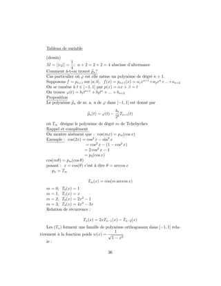 Tableau de variable
(dessin)
M = jj 2jj =
1
4
; n + 2 = 2 + 2 = 4 abscisse d’alternance
Comment à-t-on trouvé epn?
Cas particulier où ' est elle même un polynôme de dégré n + 1:
Supposons f = pn+1 sur [a; b]; f(x) = pn+1(x) = a1xn+1
+a2xn
+:::+an+2
On se ramène à t 2 [ 1; 1] par p(x) = x + = t
On trouve '(t) = b1tn+1
+ b2tn
+ ::: + bn+2
Proposition
Le polynôme epn de m. a. u de ' dans [ 1; 1] est donné par
epn(t) = '(t)
b1
22
Tn+1(t)
où Tm désigne le polynôme de dégré m de Tchebychev
Rappel et complément
On montre aisément que : cos(mx) = pm(cos x)
Exemple : cos(2x) = cos2
x sin2
x
= cos2
x (1 cos2
x)
= 2 cos2
x 1
= p2(cos x)
cos(m ) = pm(cos )
posant : x = cos( ) c’est à dire = arccos x
pn = Tm
Tm(x) = cos(m arccos x)
m = 0; T0(x) = 1
m = 1; T1(x) = x
m = 2; T2(x) = 2x2
1
m = 3; T3(x) = 4x3
3x
Relation de récurrence :
Tn(x) = 2xTn 1(x) Tn 2(x)
Les (Tn) forment une famille de polynôme orthogonaux dans [ 1; 1] rela-
tivement à la fonction poids w(x) =
1
p
1 x2
ie :
36
 
