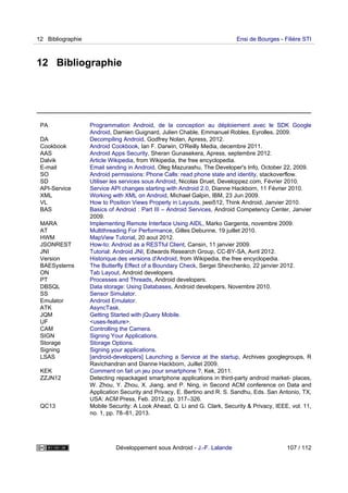 12 Bibliographie
PA Programmation Android, de la conception au déploiement avec le SDK Google
Android, Damien Guignard, Julien Chable, Emmanuel Robles, Eyrolles, 2009.
DA Decompiling Android, Godfrey Nolan, Apress, 2012.
Cookbook Android Cookbook, Ian F. Darwin, O'Reilly Media, decembre 2011.
AAS Android Apps Security, Sheran Gunasekera, Apress, septembre 2012.
Dalvik Article Wikipedia, from Wikipedia, the free encyclopedia.
E-mail Email sending in Android, Oleg Mazurashu, The Developer's Info, October 22, 2009.
SO Android permissions: Phone Calls: read phone state and identity, stackoverflow.
SD Utiliser les services sous Android, Nicolas Druet, Developpez.com, Février 2010.
API-Service Service API changes starting with Android 2.0, Dianne Hackborn, 11 Février 2010.
XML Working with XML on Android, Michael Galpin, IBM, 23 Jun 2009.
VL How to Position Views Properly in Layouts, jwei512, Think Android, Janvier 2010.
BAS Basics of Android : Part III – Android Services, Android Competency Center, Janvier
2009.
MARA Implementing Remote Interface Using AIDL, Marko Gargenta, novembre 2009.
AT Multithreading For Performance, Gilles Debunne, 19 juillet 2010.
HWM MapView Tutorial, 20 aout 2012.
JSONREST How-to: Android as a RESTful Client, Cansin, 11 janvier 2009.
JNI Tutorial: Android JNI, Edwards Research Group, CC-BY-SA, Avril 2012.
Version Historique des versions d'Android, from Wikipedia, the free encyclopedia.
BAESystems The Butterfly Effect of a Boundary Check, Sergei Shevchenko, 22 janvier 2012.
ON Tab Layout, Android developers.
PT Processes and Threads, Android developers.
DBSQL Data storage: Using Databases, Android developers, Novembre 2010.
SS Sensor Simulator.
Emulator Android Emulator.
ATK AsyncTask.
JQM Getting Started with jQuery Mobile.
UF <uses-feature>.
CAM Controlling the Camera.
SIGN Signing Your Applications.
Storage Storage Options.
Signing Signing your applications.
LSAS [android-developers] Launching a Service at the startup, Archives googlegroups, R
Ravichandran and Dianne Hackborn, Juillet 2009.
KEK Comment on fait un jeu pour smartphone ?, Kek, 2011.
ZZJN12 Detecting repackaged smartphone applications in third-party android market- places,
W. Zhou, Y. Zhou, X. Jiang, and P. Ning, in Second ACM conference on Data and
Application Security and Privacy, E. Bertino and R. S. Sandhu, Eds. San Antonio, TX,
USA: ACM Press, Feb. 2012, pp. 317–326.
QC13 Mobile Security: A Look Ahead, Q. Li and G. Clark, Security & Privacy, IEEE, vol. 11,
no. 1, pp. 78–81, 2013.
12 Bibliographie Ensi de Bourges - Filière STI
Développement sous Android - J.-F. Lalande 107 / 112
 