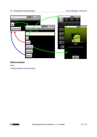 Démonstration
Video
(cf ANX_Receveur-de-broadcasts)
4.5 Broadcaster des informations Ensi de Bourges - Filière STI
Développement sous Android - J.-F. Lalande 27 / 112
 