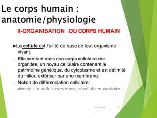 04/09/2018 10
E
II-ORGANISATION DU CORPS HUMAIN
►La cellule est l'unité de base de tout organisme
vivant.
Elle contient dans son corps cellulaire des
organites, un noyau cellulaire contenant le
patrimoine génétique, du cytoplasme et est délimité
du milieu extérieur par une membrane.
Notion de différenciation cellulaire:
xemple : la cellule nerveuse, le cellule musculaire...
 