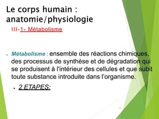 III-1- Métabolisme
● Métabolisme : ensemble des réactions chimiques,
des processus de synthèse et de dégradation qui
se produisent à l'intérieur des cellules et que subit
toute substance introduite dans l’organisme.
● 2 ETAPES:
30
 