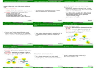 Trame d’authentiﬁcation (Authentication frame)
processus par lequel le point d’acc`es accepte ou rejette l’identit´e d’un
mobile.
syst`eme ouvert (par d´efaut) :
le mobile envoie une trame d’authentiﬁcation
L’AP r´epond avec une trame d’authentiﬁcation indiquant l’acceptation.
cl´e partag´ee : envoi de 4 trames d’authentiﬁcation (WEP)
le mobile envoie une premi`ere trame,
L’AP r´epond en joignant son texte de d´eﬁ
Le mobile renvoie une version chiﬀr´ee du texte de d´eﬁ
Le point d’acc`es informe le mobile du r´esultat de l’authentiﬁcation.
Tuyˆet Trˆam DANG NGOC Wi-Fi 802.11 21 / 60
Trame de d´esauthentiﬁcation (Deauthentication frame)
Une station envoie une trame de d´esauthentiﬁcation `a une autre
station si elle souhaite terminer ses communications.
Tuyˆet Trˆam DANG NGOC Wi-Fi 802.11 22 / 60
Trames d’association (Association request frame)
permet `a l’AP d’allouer des ressources pour un mobile et de les
synchroniser avec lui.
Un mobile envoie une demande d’association `a un AP, qui contient
les informations du mobile (par exemple, d´ebits support´es) et le SSID
du r´eseau avec qui il souhaite s’associer.
L’AP s’associe au mobile et (si admis) r´eserve l’espace m´emoire et
´etablit une identiﬁcation d’association pour le mobile et r´epond en
notiﬁant le mobile d’informations telles que l’identiﬁcation
d’association et les d´ebits support´es.
La station r`egle son canal sur le PA.
Tuyˆet Trˆam DANG NGOC Wi-Fi 802.11 23 / 60
Trame de d´esassociation (Disassociation frame)
Sert `a une station `a infomer une autre station quelle souhaite
terminer l’association. Le point d’acc`es peut alors abandonner les
allocations de m´emoire et enlever le mobile de la table d’association.
Tuyˆet Trˆam DANG NGOC Wi-Fi 802.11 24 / 60
Trames de r´eassociation (Association request/response
frame)
Servent lorsqu’un mobile trouve un autre AP ayant un signal plus fort,
le mobile enverra une trame de r´eassociation au nouveau point
d’acc`es.
Tuyˆet Trˆam DANG NGOC Wi-Fi 802.11 25 / 60
Mobilit´e avec IEEE 802.11
Le standard d´eﬁnit 3 types de mobilit´e :
No-transition : pas de mouvement, ou mouvement au sein du mˆeme
BSS (local)
BSS-transition : passage entre 2 BSS appartenant au mˆeme ESS
ESS-transition : passage d’un BSS dans un ESS `a un BSS dans un
autre ESS (le handover n’est PAS support´e)
Systeme de distribution
(DS 1)
Systeme de distribution
(DS 2)
AP AP
AP
AP
AP
BSS1 BSS2
BSS3
BSS1
BSS2
Tuyˆet Trˆam DANG NGOC Wi-Fi 802.11 26 / 60
Mobilit´e avec IEEE 802.11
Le standard d´eﬁnit 3 types de mobilit´e :
No-transition : pas de mouvement, ou mouvement au sein du mˆeme
BSS (local)
BSS-transition : passage entre 2 BSS appartenant au mˆeme ESS
ESS-transition : passage d’un BSS dans un ESS `a un BSS dans un
autre ESS (le handover n’est PAS support´e)
Systeme de distribution
(DS 1)
Systeme de distribution
(DS 2)
AP AP
AP
AP
AP
BSS1 BSS2
BSS3
BSS1
BSS2
Tuyˆet Trˆam DANG NGOC Wi-Fi 802.11 26 / 60
Economie d’´energie
Mobiles sur batterie : la transmission est coˆuteuse
Solution
Mise en veille de l’interface r´eseau le plus souvent possible
En mode infrastructure, l’AP peut m´emoriser les trames destin´ees `a
une station ”endormie”
Tuyˆet Trˆam DANG NGOC Wi-Fi 802.11 27 / 60
Qualit´e de service
En cours de r´ealisation dans le groupe de travail 802.11e
Besoin important : t´el´ephonie sur IP
Tuyˆet Trˆam DANG NGOC Wi-Fi 802.11 28 / 60
 