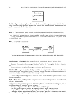 20 CHAPITRE 2. CONCEPTION DES BASES DE DONNÉES (MODÈLE E-A) {S2-3}
F. 2.3 – Représentation graphique d’un exemple de type-entité comportant quatre attributs dont un
est un identiﬁant : deux personnes peuvent avoir le même nom, le même prénom et le même âge, mais
pas le même numéro de sécurité sociale.
Règle 2.9 Chaque type-entité possède au moins un identiﬁant, éventuellement formé de plusieurs attributs.
Ainsi, chaque type-entité possède au moins un attribut qui, s’il est seul, est donc forcément l’identiﬁant.
Dans la représentation graphique, les attributs qui constituent l’identiﬁant sont soulignés et placés
en tête (cf. ﬁgure 2.3).
2.2.4 Association ou relation
F. 2.4 – Représentation graphique d’un exemple de type-association liant deux type-entités.
Déﬁnition 2.10 -association- Une association (ou une relation) est un lien entre plusieurs entités.
Exemples d’association : l’emprunt par l’étudiant Tanidute du 3e
exemplaire du livre « Maîtrisez
SQL ».
Les associations ne sont généralement pas représentées graphiquement.
Déﬁnition 2.11 -type-association- Un type-association (ou un type-relation) désigne un ensemble de rela-
tions qui possèdent les mêmes caractéristiques. Le type-association décrit un lien entre plusieurs type-entités. Les
associations de ce type-association lient des entités de ces type-entités.
Comme les type-entités, les type-associations sont déﬁnis à l’aide d’attributs qui prennent leur valeur
dans les associations.
Règle 2.12 Un attribut peut être placé dans un type-association uniquement lorsqu’il dépend de toutes les entités
liées par le type-association.
Un type-association peut ne pas posséder d’attribut explicite et cela est relativement fréquent, mais on
verra qu’il possède au moins des attributs implicites.
Exemples de type-association : l’emprunt d’un livre à la bibliothèque.
Une association est souvent nommée occurrence ou instance de son type-association.
La ﬁgure 2.4 montre la représentation graphique d’un exemple de type-association.
Par abus de langage, on utilise souvent le mot association en lieu et place du mot type-association, il
faut cependant prendre garde à ne pas confondre les deux concepts.
 