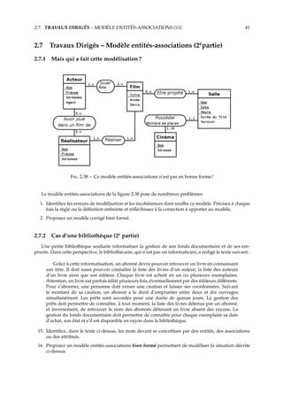 2.7. TRAVAUX DIRIGÉS – MODÈLE ENTITÉS-ASSOCIATIONS {S3} 41
2.7 Travaux Dirigés – Modèle entités-associations (2e
partie)
2.7.1 Mais qui a fait cette modélisation ?
F. 2.38 – Ce modèle entités-associations n’est pas en bonne forme !
Le modèle entités-associations de la ﬁgure 2.38 pose de nombreux problèmes.
1. Identiﬁez les erreurs de modélisation et les incohérences dont souﬀre ce modèle. Précisez à chaque
fois la règle ou la déﬁnition enfreinte et réﬂéchissez à la correction à apporter au modèle.
2. Proposez un modèle corrigé bien formé.
2.7.2 Cas d’une bibliothèque (2e
partie)
Une petite bibliothèque souhaite informatiser la gestion de son fonds documentaire et de ses em-
prunts. Dans cette perspective, le bibliothécaire, qui n’est pas un informaticien, a rédigé le texte suivant :
Grâce à cette informatisation, un abonné devra pouvoir retrouver un livre en connaissant
son titre. Il doit aussi pouvoir connaître la liste des livres d’un auteur, la liste des auteurs
d’un livre ainsi que son éditeur. Chaque livre est acheté en un ou plusieurs exemplaires.
Attention, un livre est parfois édité plusieurs fois, éventuellement par des éditeurs diﬀérents.
Pour s’abonner, une personne doit verser une caution et laisser ses coordonnées. Suivant
le montant de sa caution, un abonné a le droit d’emprunter entre deux et dix ouvrages
simultanément. Les prêts sont accordés pour une durée de quinze jours. La gestion des
prêts doit permettre de connaître, à tout moment, la liste des livres détenus par un abonné,
et inversement, de retrouver le nom des abonnés détenant un livre absent des rayons. La
gestion du fonds documentaire doit permettre de connaître pour chaque exemplaire sa date
d’achat, son état et s’il est disponible en rayon dans la bibliothèque.
15. Identiﬁez, dans le texte ci-dessus, les mots devant se concrétiser par des entités, des associations
ou des attributs.
16. Proposez un modèle entités-associations bien formé permettant de modéliser la situation décrite
ci-dessus.
 