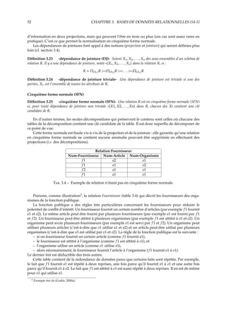 52 CHAPITRE 3. BASES DE DONNÉES RELATIONNELLES {S4-5}
d’information en deux projections, mais qui peuvent l’être en trois ou plus (ces cas sont assez rares en
pratique). C’est ce que permet la normalisation en cinquième forme normale.
Les dépendances de jointures font appel à des notions (projection et jointure) qui seront déﬁnies plus
loin (cf. section 3.4).
Déﬁnition 3.23 -dépendance de jointure (DJ)- Soient X1, X2, . . . , Xn des sous-ensembles d’un schéma de
relation R. Il y a une dépendance de jointure, notée ∗{X1, X2, . . . , Xn} dans la relation R, si :
R = Π(X1)R £¡Π(X2)R £¡ . . . £¡Π(Xn)R
Déﬁnition 3.24 -dépendance de jointure triviale- Une dépendance de jointure est triviale si une des
parties, Xi, est l’ensemble de toutes les attributs de R.
Cinquième forme normale (5FN)
Déﬁnition 3.25 -cinquième forme normale (5FN)- Une relation R est en cinquième forme normale (5FN)
si, pour toute dépendance de jointure non triviale ∗{X1, X2, . . . , Xn} dans R, chacun des Xi contient une clé
candidate de R.
En d’autres termes, les seules décompositions qui préservent le contenu sont celles où chacune des
tables de la décomposition contient une clé candidate de la table. Il est donc superﬂu de décomposer de
ce point de vue.
Cette forme normale est ﬁnale vis-à-vis de la projection et de la jointure : elle garantie qu’une relation
en cinquième forme normale ne contient aucune anomalie pouvant être supprimée en eﬀectuant des
projections (i.e. des décompositions).
Relation Fournisseur
Num-Fournisseur Num-Article Num-Organisme
f1 a2 o1
f1 a1 o2
f2 a1 o1
f1 a1 o1
T. 3.4 – Exemple de relation n’étant pas en cinquième forme normale.
Prenons, comme illustration2
, la relation Fournisseur (table 3.4) qui décrit les fournisseurs des orga-
nismes de la fonction publique.
La fonction publique a des règles très particulières concernant les fournisseurs pour réduire le
potentiel de conﬂit d’intérêt. Un fournisseur fournit un certain nombre d’articles (par exemple f1 fournit
a1 et a2). Le même article peut être fourni par plusieurs fournisseurs (par exemple a1 est fourni par f1
et f2). Un fournisseur peut être attitré à plusieurs organismes (par exemple f1 est attitré à o1 et o2). Un
organisme peut avoir plusieurs fournisseurs (par exemple o1 est servi par f1 et f2). Un organisme peut
utiliser plusieurs articles (c’est-à-dire que o1 utilise a1 et a2) et un article peut être utilisé par plusieurs
organismes (c’est-à-dire que a1 est utilisé par o1 et o2). La règle de la fonction publique est la suivante :
– si un fournisseur fournit un certain article (comme f1 fournit a1),
– le fournisseur est attitré à l’organisme (comme f1 est attitré à o1), et
– l’organisme utilise un article (comme o1 utilise a1),
– alors nécessairement, le fournisseur fournit l’article à l’organisme (f1 fournit a1 à o1).
Le dernier fait est déductible des trois autres.
Cette table contient de la redondance de données parce que certains faits sont répétés. Par exemple,
le fait que f1 fournit a1 est répété à deux reprises, une fois parce qu’il fournit a1 à o1 et une autre fois
parce qu’il fournit a1 à o2. Le fait que f1 est attitré à o1 est aussi répété à deux reprises. Il en est de même
pour o1 qui utilise a1.
2 Exemple tiré de (Godin, 2000a).
 