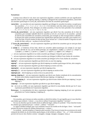 82 CHAPITRE 4. LANGAGE SQL
Formalisme
Comme nous allons le voir, dans une expression régulière, certains symboles ont une signiﬁcation
spéciale. Dans ce qui suit, expreg, expreg_1, expreg_2 désignent des expressions régulières, caractère
un caractère quelconque et liste_de_caractères une liste de caractères quelconque.
caractère : un caractère est une expression régulière qui désigne le caractère lui-même, excepté pour
les caractères ., ?, +, *, {, |, (, ), ^, $, , [, ]. Ces derniers sont des méta-caractères et ont une
signiﬁcation spéciale. Pour désigner ces méta-caractères, il faut les faire précéder d’un antislash
(., ?, +, *, {, |, (, ), ^, $, , [, ]).
[liste_de_caractères] : est une expression régulière qui décrit l’un des caractères de la liste de
caractères, par exemple [abcdf] décrit le caractère a, le b, le c, le d ou le f ; le caractère - permet
de décrire des ensembles de caractères consécutifs, par exemple [a-df] est équivalent à [abcdf] ;
la plupart des méta-caractères perdent leur signiﬁcation spéciale dans une liste, pour insérer un ]
dans une liste, il faut le mettre en tête de liste, pour inclure un ^, il faut le mettre n’importe où sauf
en tête de liste, enﬁn un - se place à la ﬁn de la liste.
[ˆliste_de_caractères] : est une expression régulière qui décrit les caractères qui ne sont pas dans
la liste de caractères.
[ :alnum :] : à l’intérieur d’une liste, décrit un caractère alpha-numérique ([[:alnum:]] est équi-
valent à [0-9A-Za-z]) ; sur le même principe, on a également [:alpha:], [:cntrl:], [:digit:],
[:graph:], [:lower:], [:print:], [:punct:], [:space:], [:upper:] et [:xdigit:].
. : est une expression régulière et un méta-caractère qui désigne n’importe quel caractère.
ˆ : est une expression régulière et un méta-caractère qui désigne le début d’une chaîne de caractères.
$ : est une expression régulière et un méta-caractère qui désigne la ﬁn d’une chaîne de caractères.
expreg ? : est une expression régulière qui décrit zéro ou une fois expreg.
expreg* : est une expression régulière qui décrit expreg un nombre quelconque de fois, zéro compris.
expreg+ : est une expression régulière qui décrit expreg au moins une fois.
expreg{n} : est une expression régulière qui décrit expreg n fois.
expreg{n,} : est une expression régulière qui décrit expreg au moins n fois.
expreg{n,m} : décrit expreg au moins n fois et au plus m fois.
expreg_1expreg_2 : est une expression régulière qui décrit une chaîne constituée de la concaténation
de deux sous-chaînes respectivement décrites par expreg_1 et expreg_2.
expreg_1|expreg_2 : est une expression régulière qui décrit toute chaîne décrite par expreg_1 ou par
expreg_2.
(expreg) : est une expression régulière qui décrit ce que décrit expreg.
n : où n est un chiﬀre, est une expression régulière qui décrit la sous-chaîne décrite par la ne
sous-
expression parenthèsée de l’expression régulière.
Remarque : la concaténation de deux expressions régulières (expreg_1expreg_2) est une opération
prioritaire sur l’union (expreg_1|expreg_2).
Exemples
Un caractère, qui n’est pas un méta-caractère, se décrit lui-même. Ce qui signiﬁe que si vous cherchez
une chaîne qui contient « voiture », vous devez utiliser l’expression régulière ’voiture’.
Si vous ne cherchez que les motifs situés en début de ligne, utilisez le symbole ^. Pour chercher toutes
les chaînes qui commencent par « voiture », utilisez ’^voiture’.
Le signe $ (dollar) indique que vous souhaitez trouver les motifs en ﬁn de ligne. Ainsi : ’voiture$’
permet de trouver toutes les chaînes ﬁnissant par « voiture ».
Le symbole . (point) remplace n’importe quel caractère. Pour trouver toutes les occurrences du motif
composé des lettres vo, de trois lettres quelconques, et de la lettre e, utilisez : ’vo...e’. Cette commande
permet de trouver des chaînes comme : voyagent, voyage, voyager, voyageur, vous e.
 